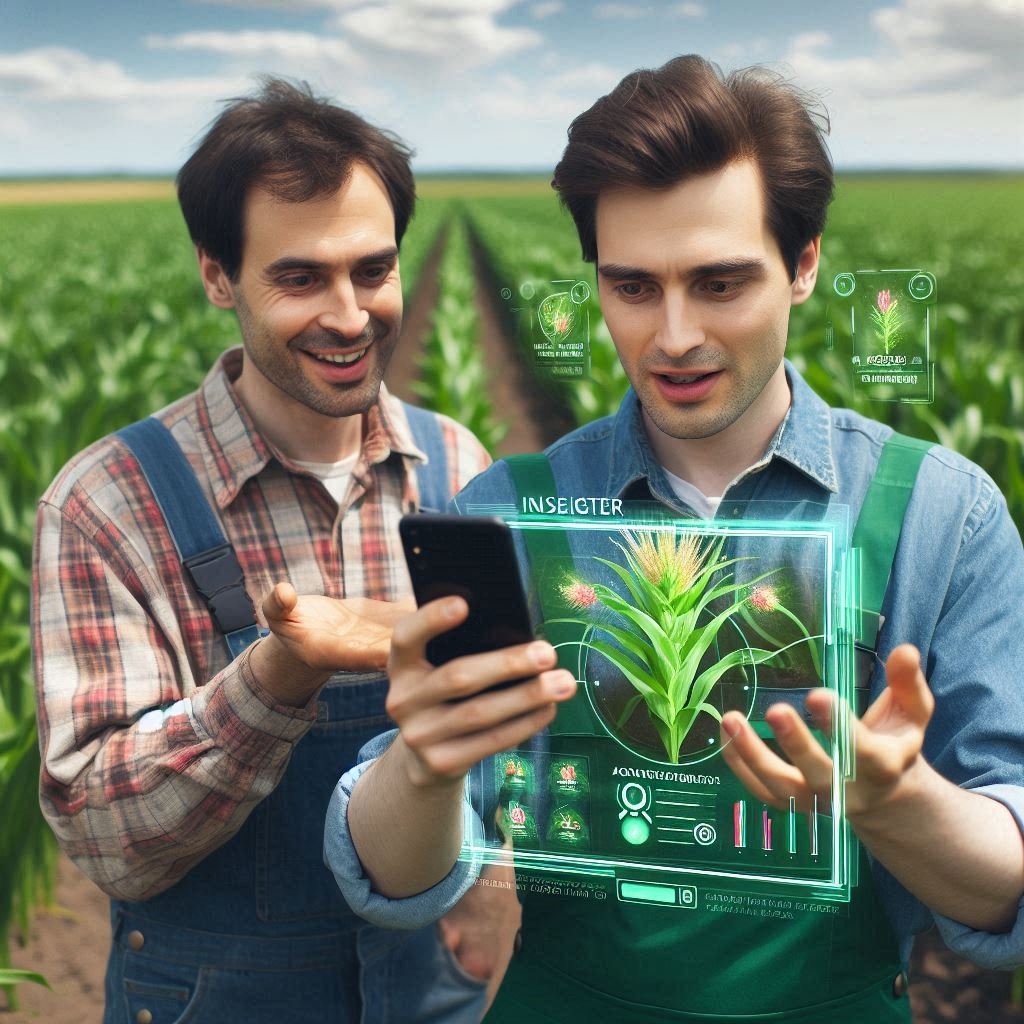 A farmer using an AI-powered app to analyze crops and detect potential diseases.