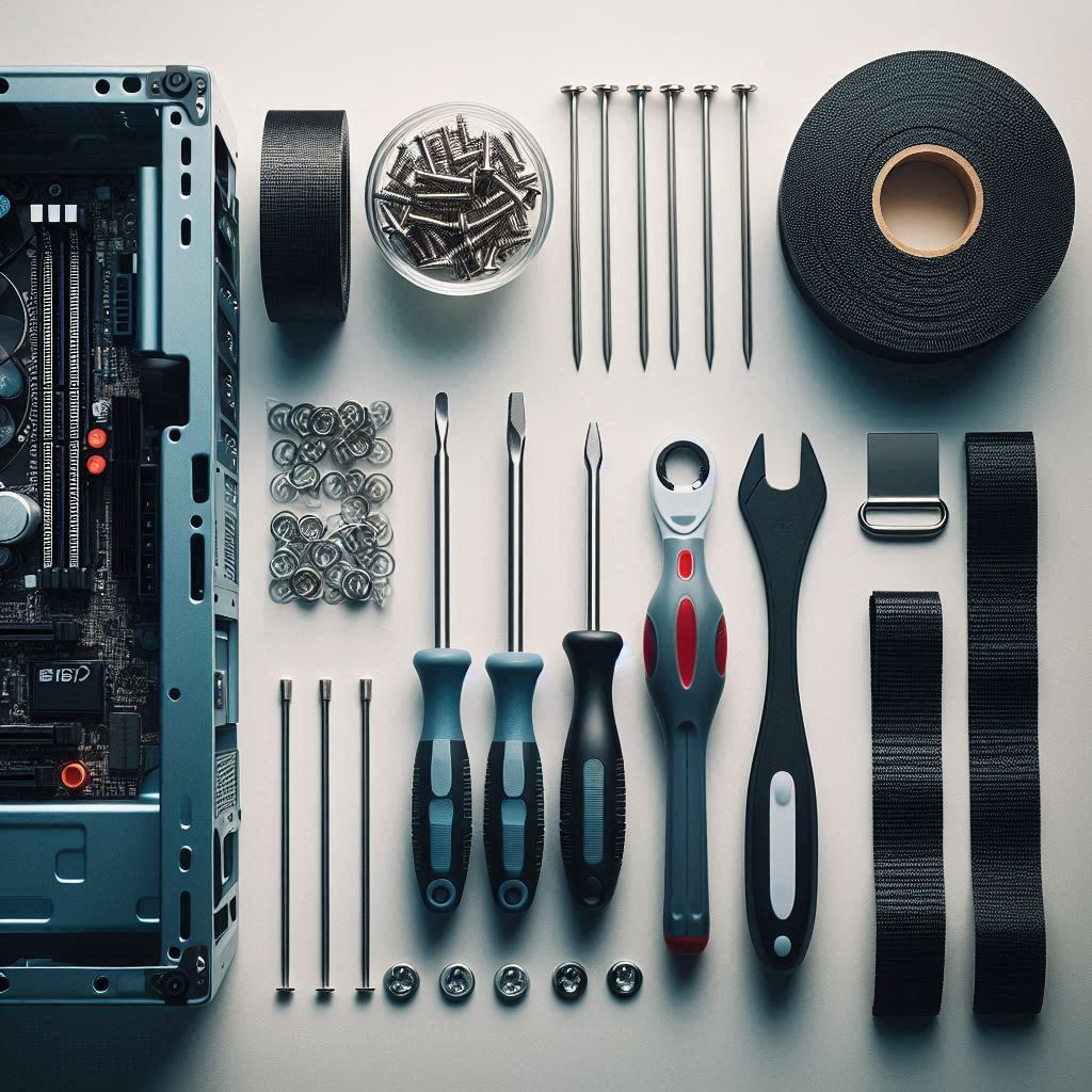 Essential tools for building a PC, including a screwdriver, anti-static wrist strap, and zip ties.