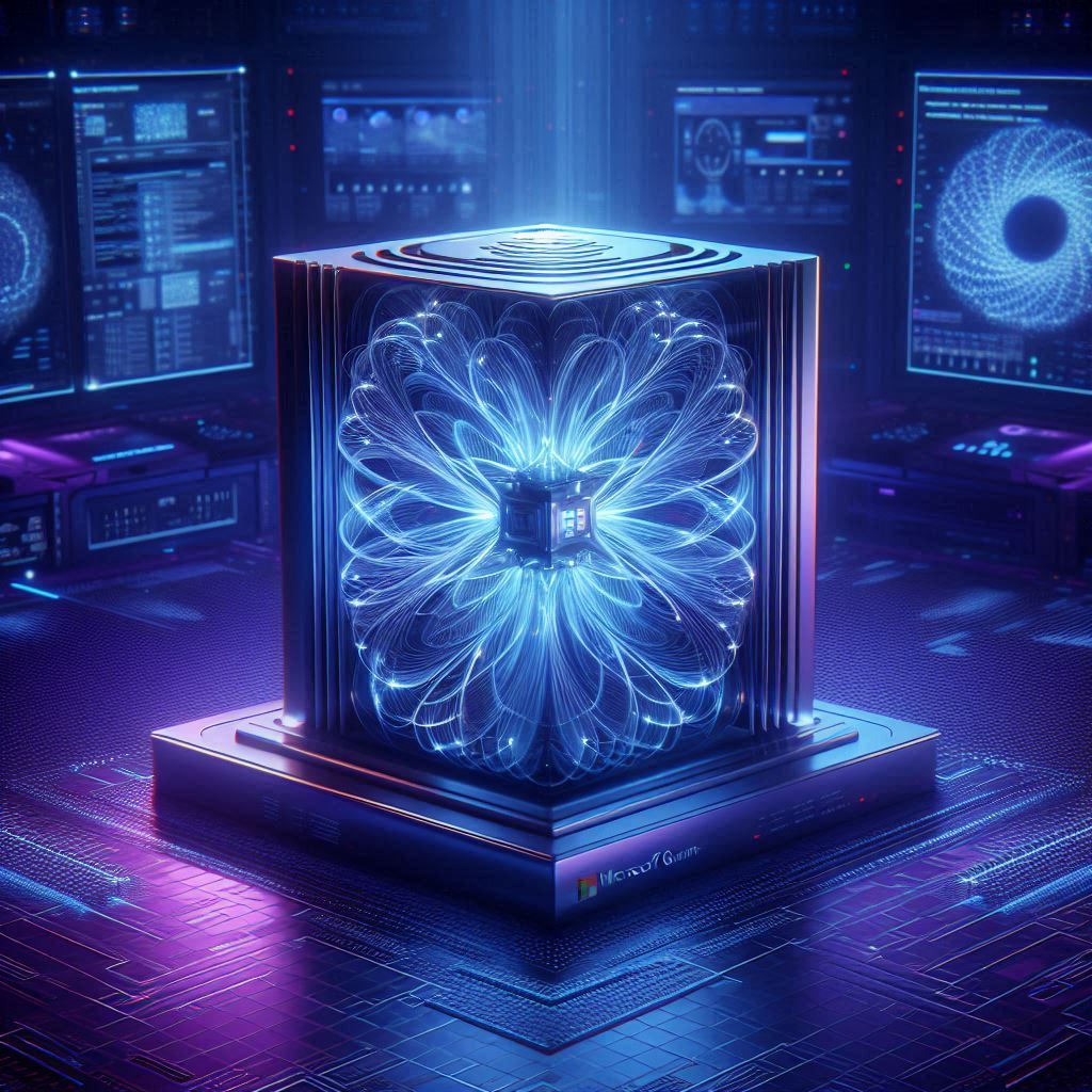 A Microsoft quantum computer with a glowing superconducting chip, surrounded by holographic quantum equations and futuristic blue lighting.