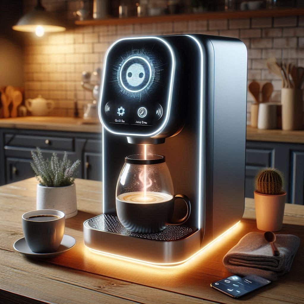 AI-powered coffee maker adjusting brew settings based on user preferences