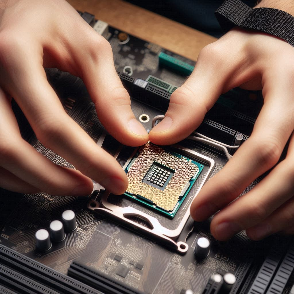 Close-up of a person carefully placing a CPU into the motherboard socket.