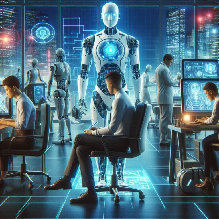 An AI-powered humanoid robot sitting at a desk in an office, performing tasks once done by human employees
