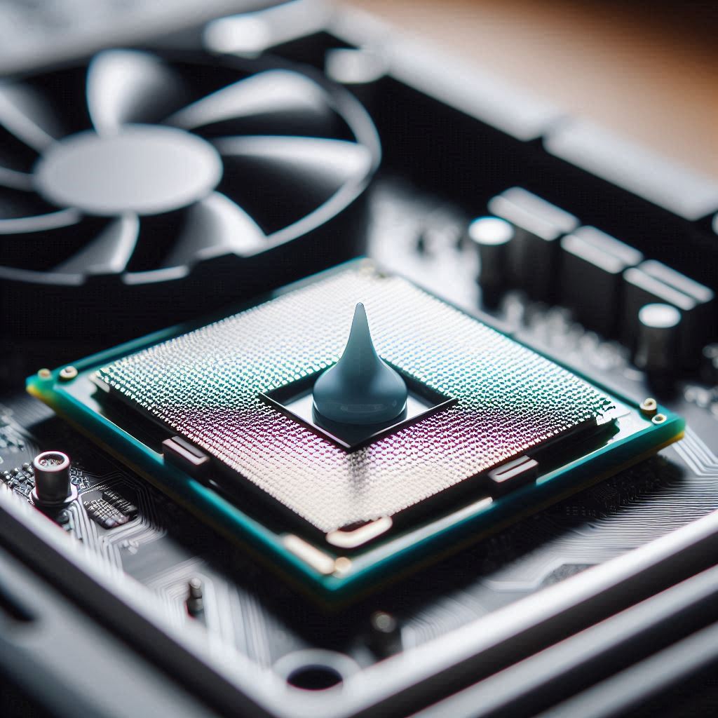 A small pea-sized drop of thermal paste applied to a CPU before installing the cooler.