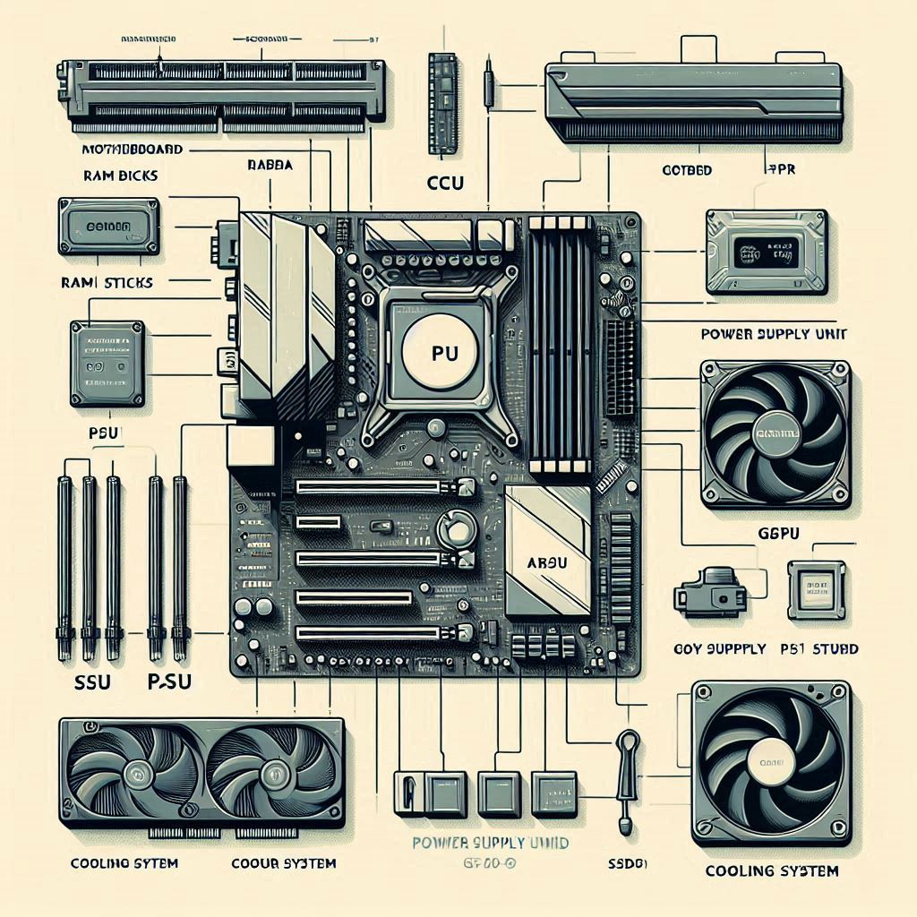 Labeled diagram of essential PC components like CPU, motherboard, GPU, RAM, and PSU.