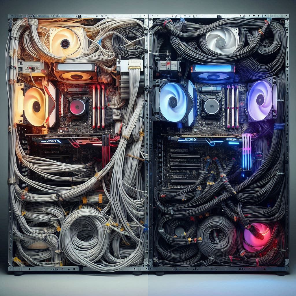 Side-by-side comparison of messy vs. neatly managed PC cables.