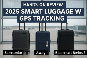 2025 Smart Luggage with GPS Tracking – Samsonite GeoTrakR, Away Carry-On, Bluesmart Series 2 displayed in an airport.