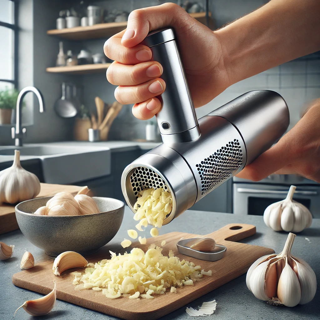 A garlic press efficiently mincing cloves, illustrating its convenience and functionality in a modern kitchen.