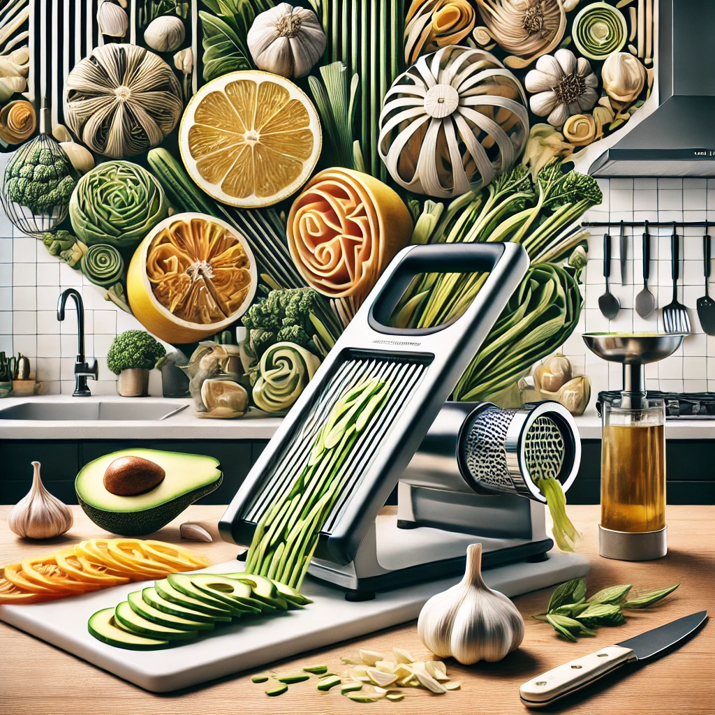 A collage of essential kitchen gadgets including a mandoline slicer, garlic press, and avocado slicer, artistically arranged in a contemporary kitchen setting, showcasing the ease and innovation they bring to cooking.