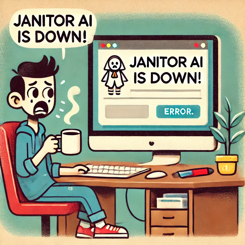 A frustrated user looking at a blank screen with an error message saying ‘Janitor AI is down,’ depicting server downtime issues.