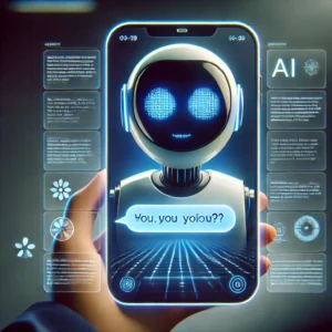A futuristic AI chatbot interface displaying a friendly virtual conversation, symbolizing AI companionship on Janitor AI.