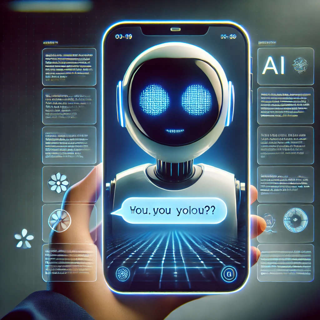 A futuristic AI chatbot interface displaying a friendly virtual conversation, symbolizing AI companionship on Janitor AI.