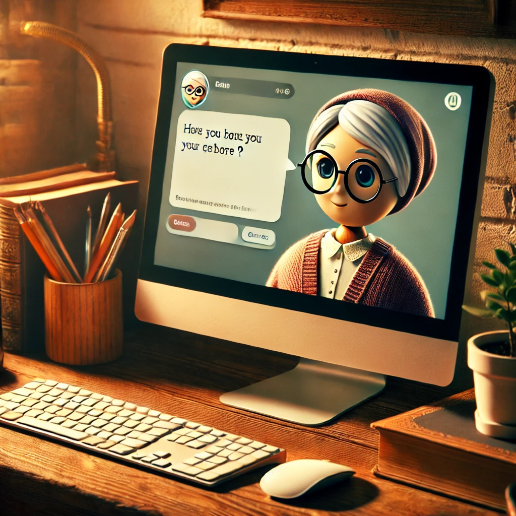 A writing desk with a computer screen displaying an AI chatbot, resembling an elderly mentor, helping with creative brainstorming."