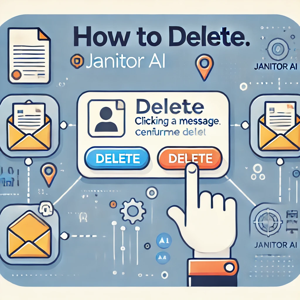 Step-by-step guide showing how to delete messages on Janitor AI, including selecting, deleting, and confirming message removal.