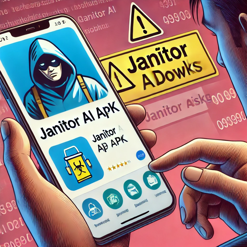 A person searching for 'Janitor AI APK' downloads on a phone, with a security warning about the risks of unofficial apps.