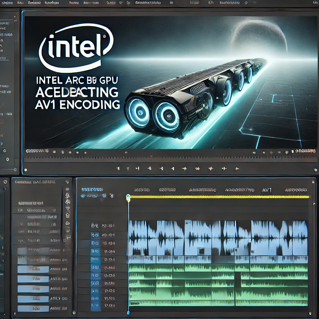 A screenshot of video editing software showcasing Intel Arc B580 GPU accelerating AV1 encoding with an active export progress bar.