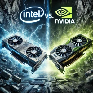 A dramatic representation of the rivalry between Intel and NVIDIA, showcasing two futuristic GPUs—one in blue and silver representing Intel, and the other in green and black representing NVIDIA—clashing in an intense digital battle with electricity and sparks flying around them.