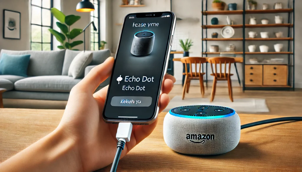Amazon Echo Dot being plugged in with a smartphone displaying the Alexa app setup screen.