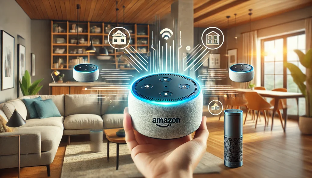 Amazon Echo Dot in a living room with multiple Echo devices broadcasting a home announcement.