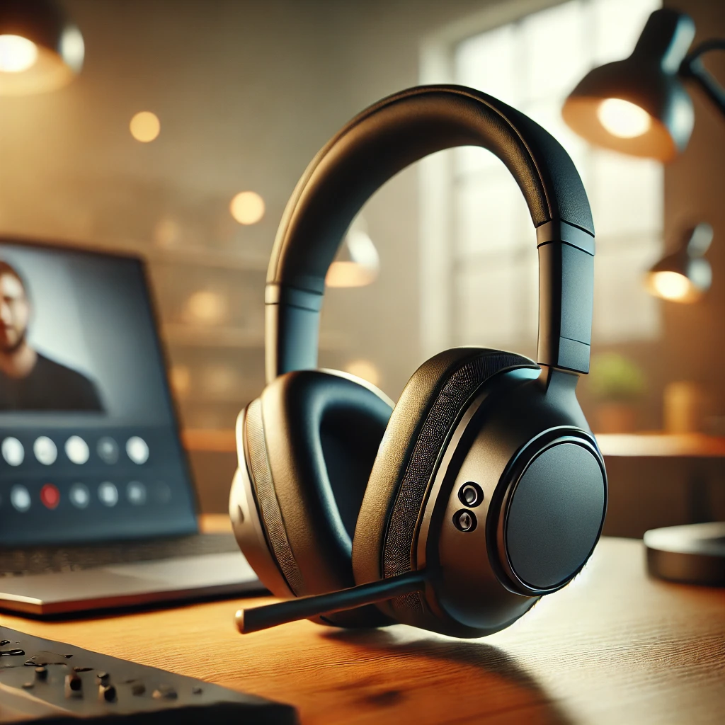 Noise-canceling headphones placed on a desk with a laptop and portable monitor in the background.