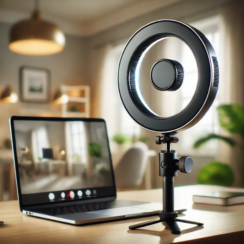 Compact ring light with adjustable brightness for video calls and remote work.