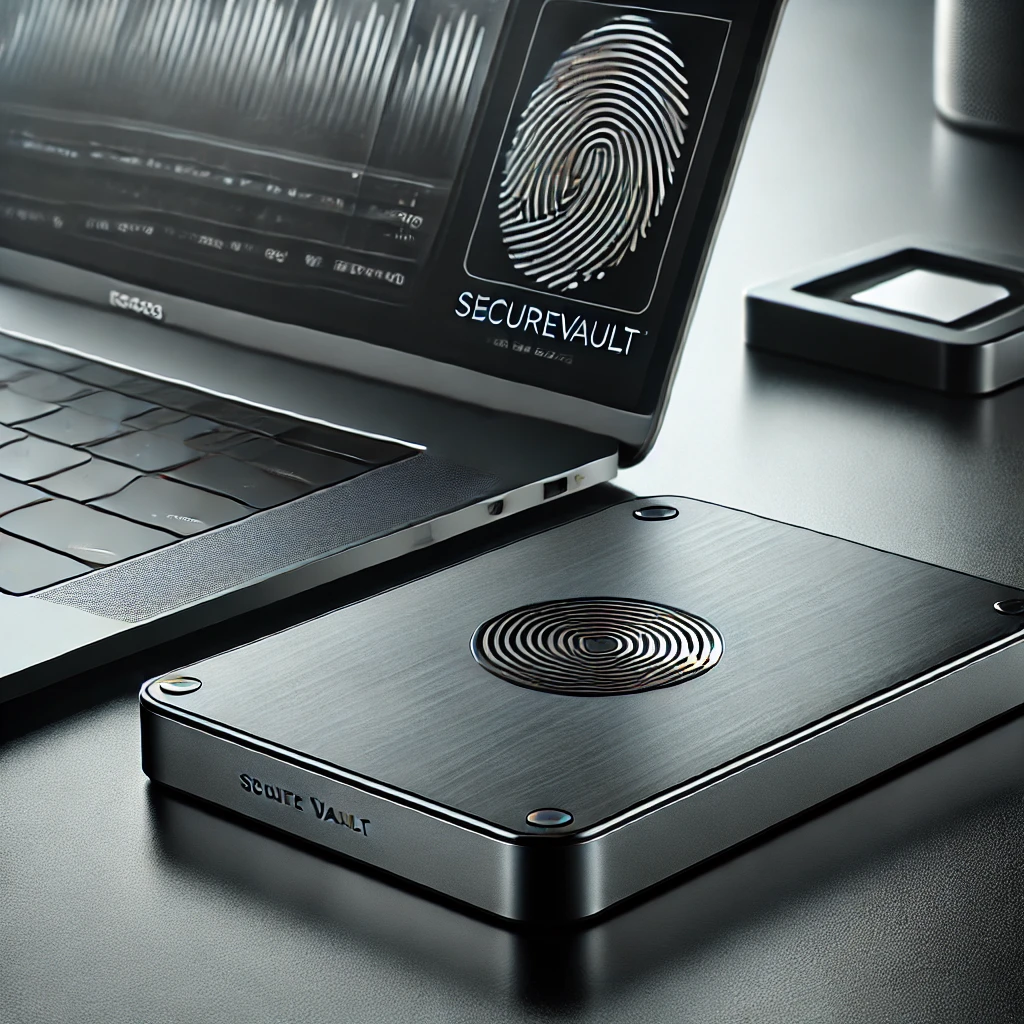 : "SecureVault SSD, a portable solid-state drive with fingerprint scanner, placed on a desk next to a laptop in a clean, professional workspace.