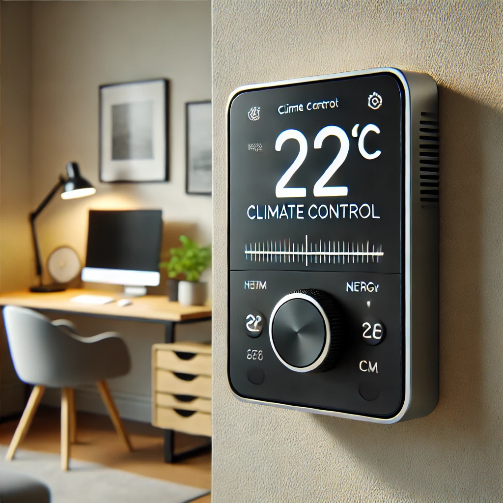 Sleek, modern ClimateControl Thermostat placed on a wall in a home office with a digital display showing the temperature