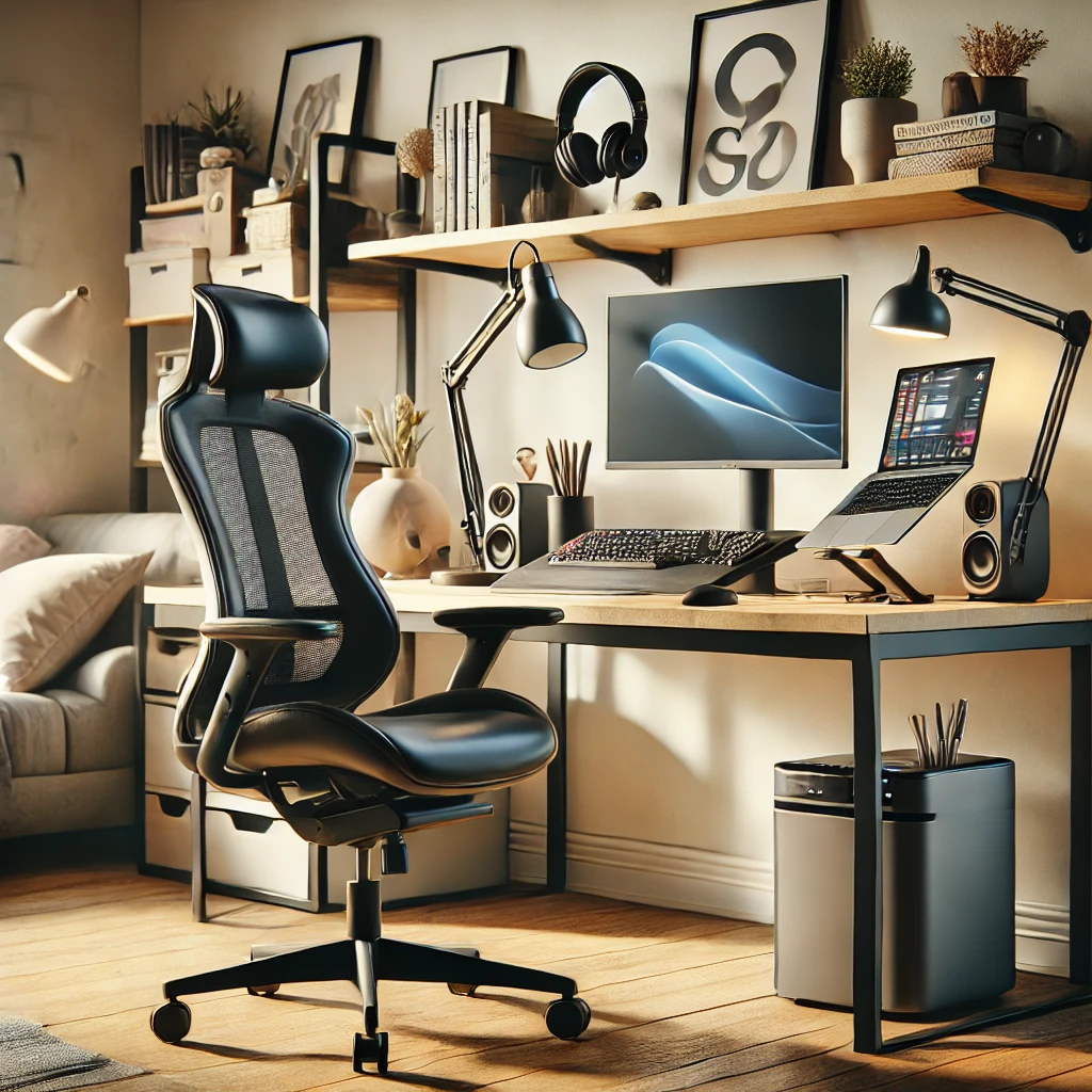 Modern home office setup with essential gadgets for remote work in 2025, including ergonomic chair, standing desk, portable monitor, and noise-canceling headphones.