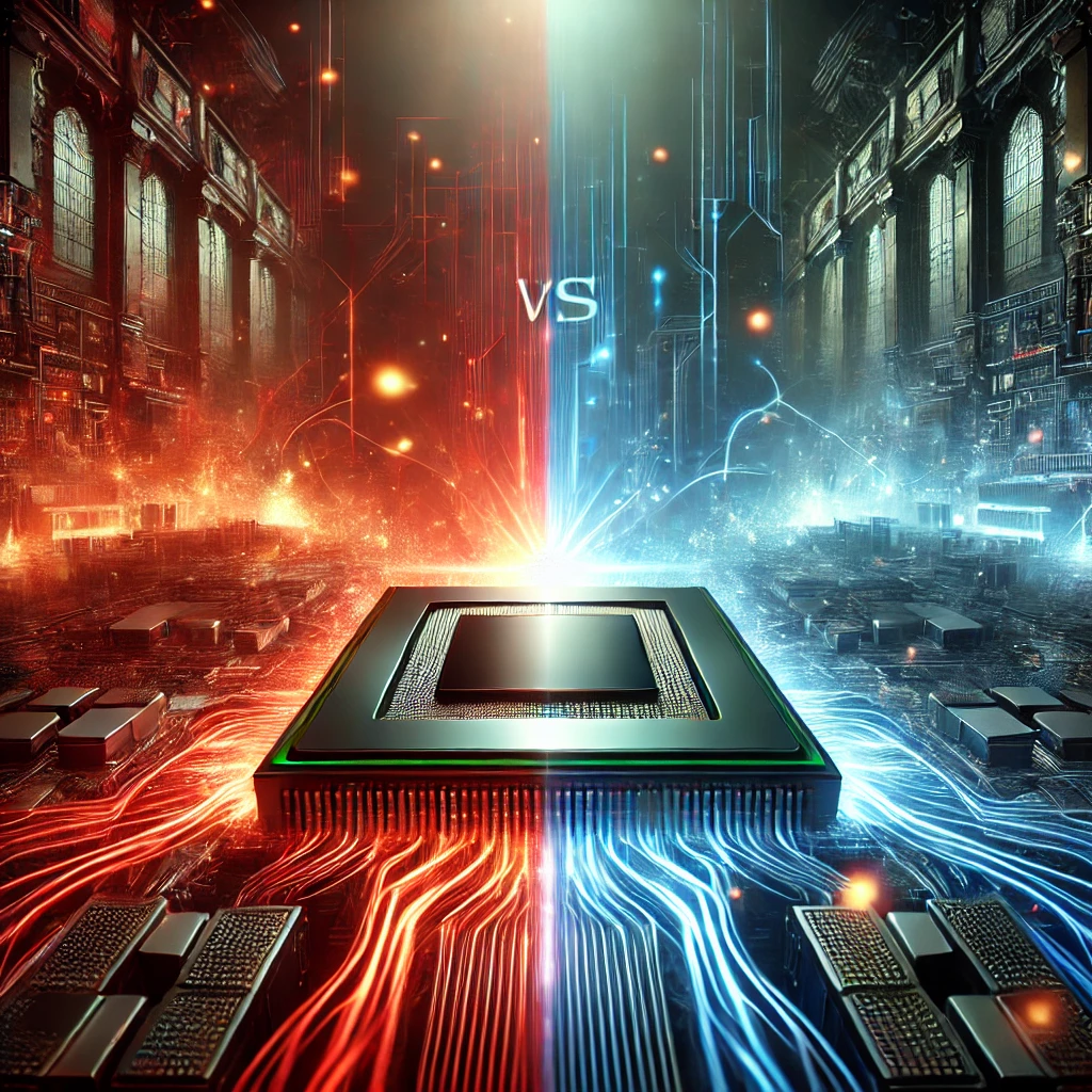 Split-screen graphic of a Ryzen 7 7800X3D and Intel Core i9-13900K processor, glowing red and blue, with a gaming rig backdrop.