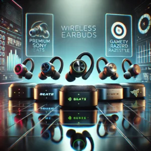 Futuristic product showcase of five different wireless earbuds with sleek tech design, displayed on a neon-lit, high-tech background.
