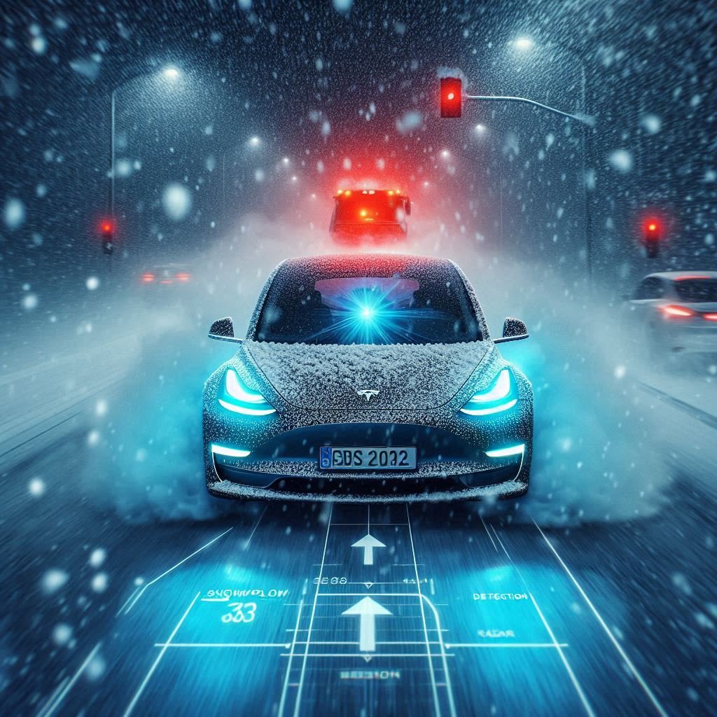 Tesla Model 3 swerving to avoid a hidden obstacle in a snowstorm.