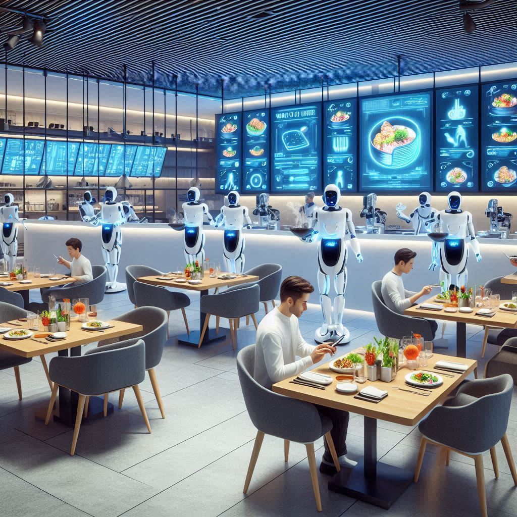 Robot waiter serving food at a futuristic restaurant with LED lights and modern decor.
