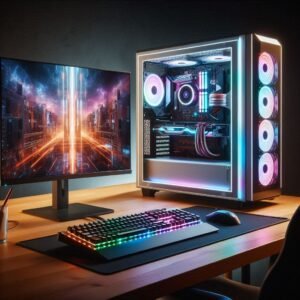 High-end gaming PC setup with RGB lighting and dual monitors.