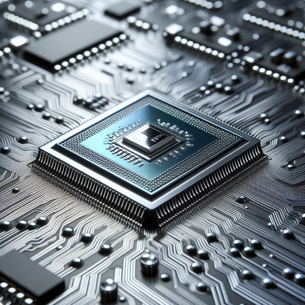 Workers in a cleanroom manufacturing semiconductor chips in a high-tech fabrication plant.