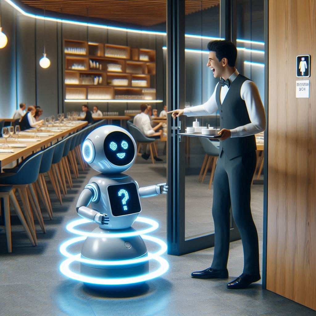 Multiple robot waiters delivering food in a smart restaurant with touch-screen ordering systems and automated food preparation.