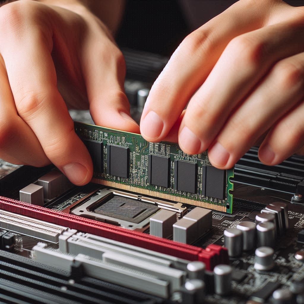 A person installing a RAM stick into a motherboard’s DIMM slot.