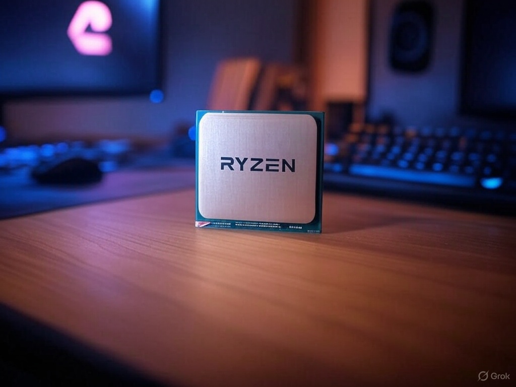 Gamer’s desk with a Ryzen 7 7800X3D-powered PC, monitor displaying Cyberpunk 2077 at 200+ FPS, and colorful LED lights.