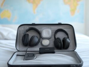 Top 5 necessary gadgets for travel including Anker PowerCore 10000, Epicka Universal Travel Adapter, Bose QuietComfort 45 headphones, Apple AirTag, and Bagsmart Electronic Organizer arranged on an open suitcase with a world map background