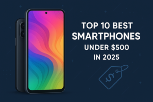 Illustration showing a lineup of budget smartphones under $500 for 2025, featuring modern designs, tech highlights, and promotional aesthetics.