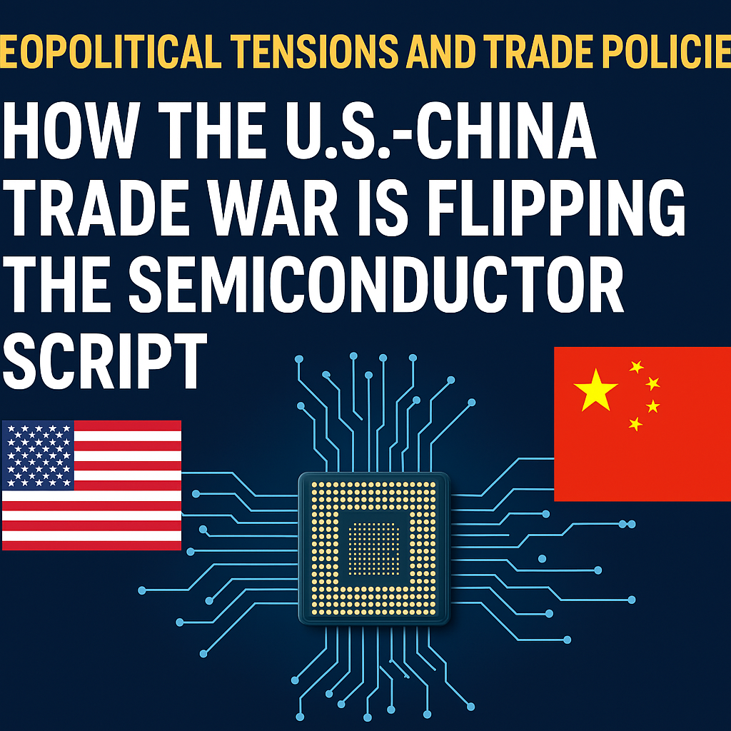 Illustration of the U.S.-China trade war's impact on the semiconductor industry with microchip and flags