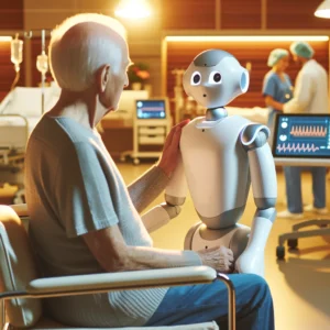 Futuristic AI robot assisting in a healthcare setting, providing support to a patient.