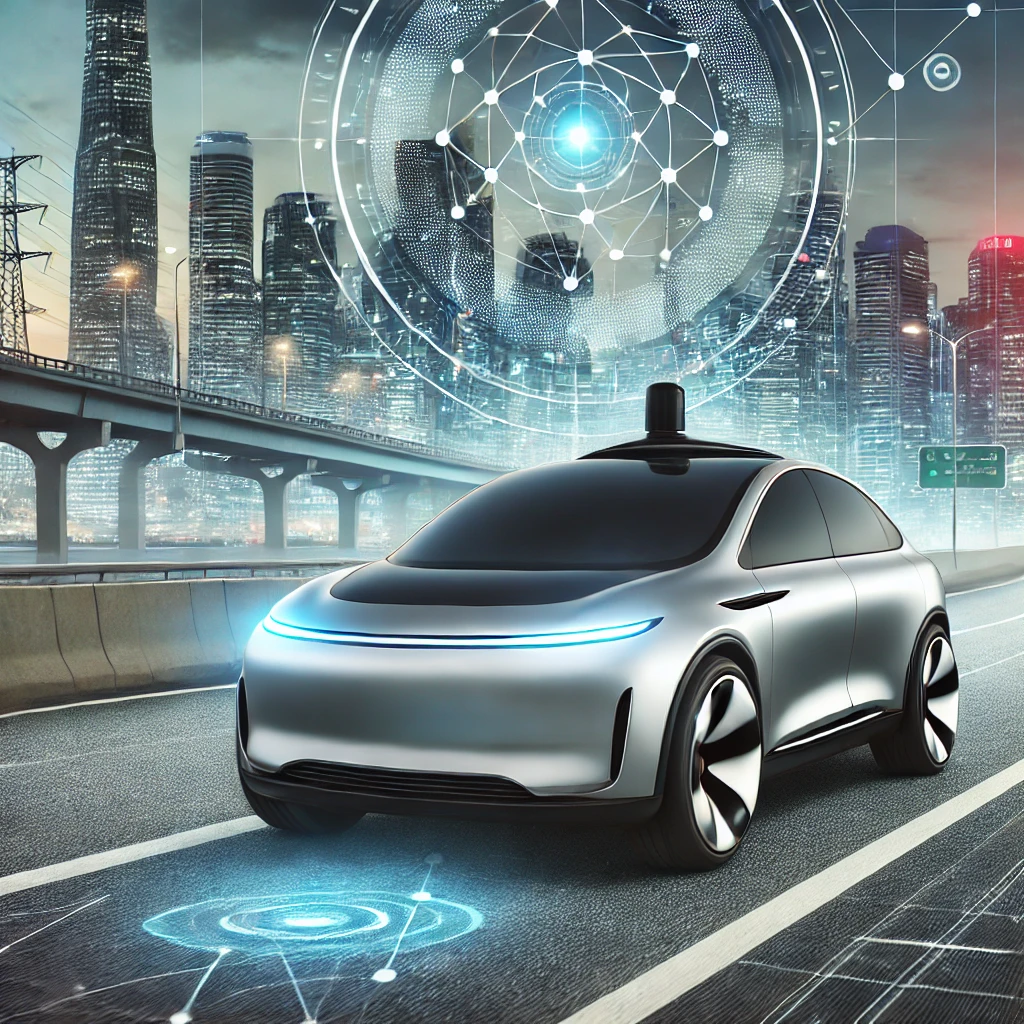 Futuristic self-driving car cruising on a highway, showcasing autonomous vehicle technology.