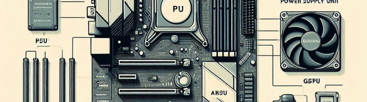 Labeled diagram of essential PC components like CPU, motherboard, GPU, RAM, and PSU.