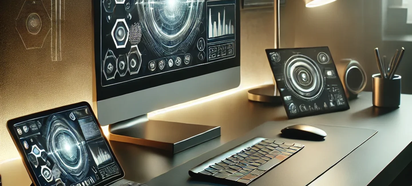 A modern tech blogger’s workspace with cutting-edge gadgets. A modern tech blogger's workspace with cutting-edge gadgets.