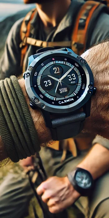 Garmin Fenix 7: The Ultimate Adventure Smartwatch A hiker using a Garmin Fenix 7 smartwatch in the mountains, relying on GPS navigation for survival.