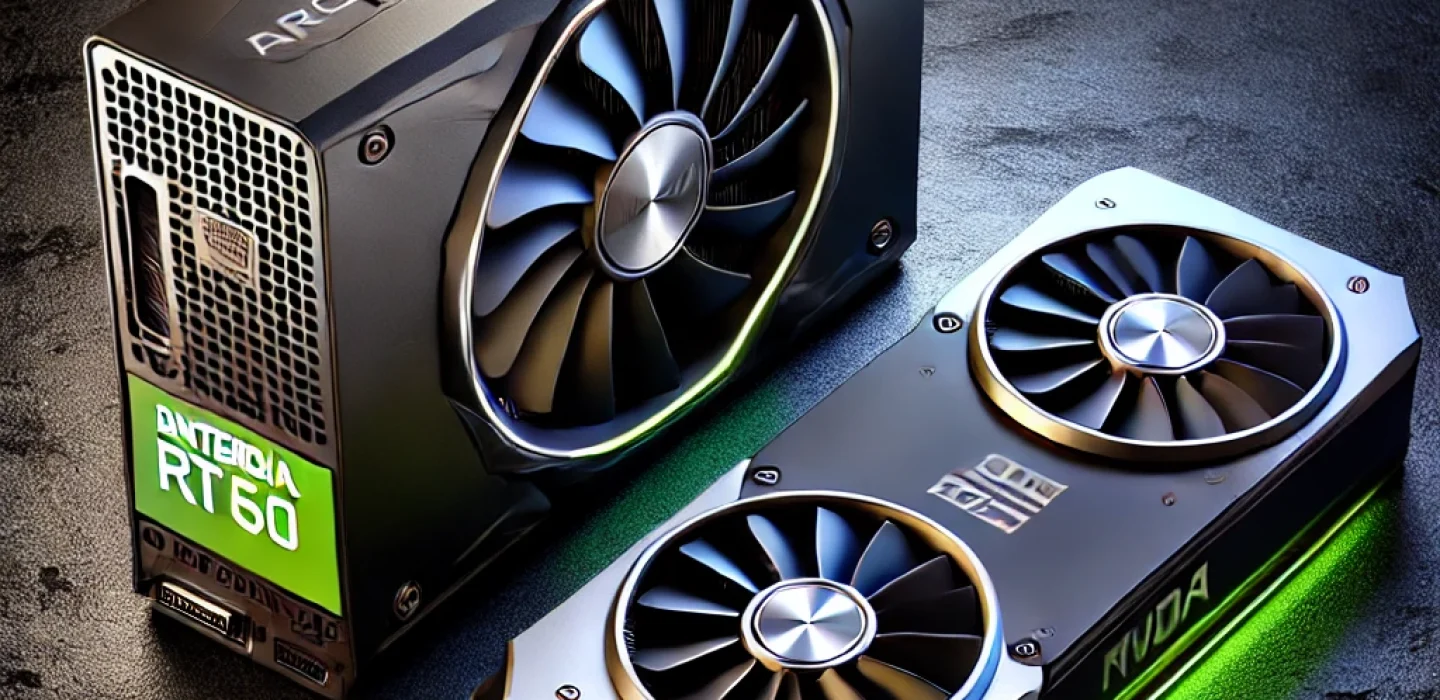 Side-by-side comparison of the Intel Arc B580 and NVIDIA RTX 5060 GPUs, showcasing design differences and branding.