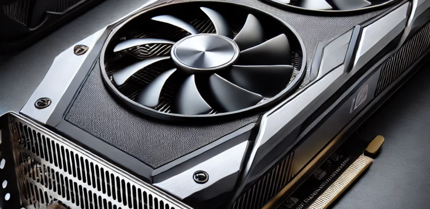 A detailed close-up of the Intel Arc B580 GPU featuring a sleek black and silver design, metal backplate, and premium cooling fans.
